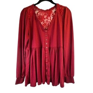 Torrid Women's Top M/L Red Babydoll Knit V-Neck Button Front Lace Peasant Sleeve